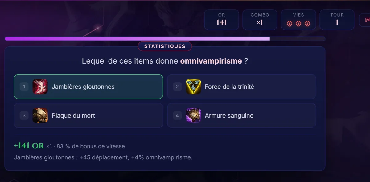Capture du mode Quiz LoL sur Itemyze